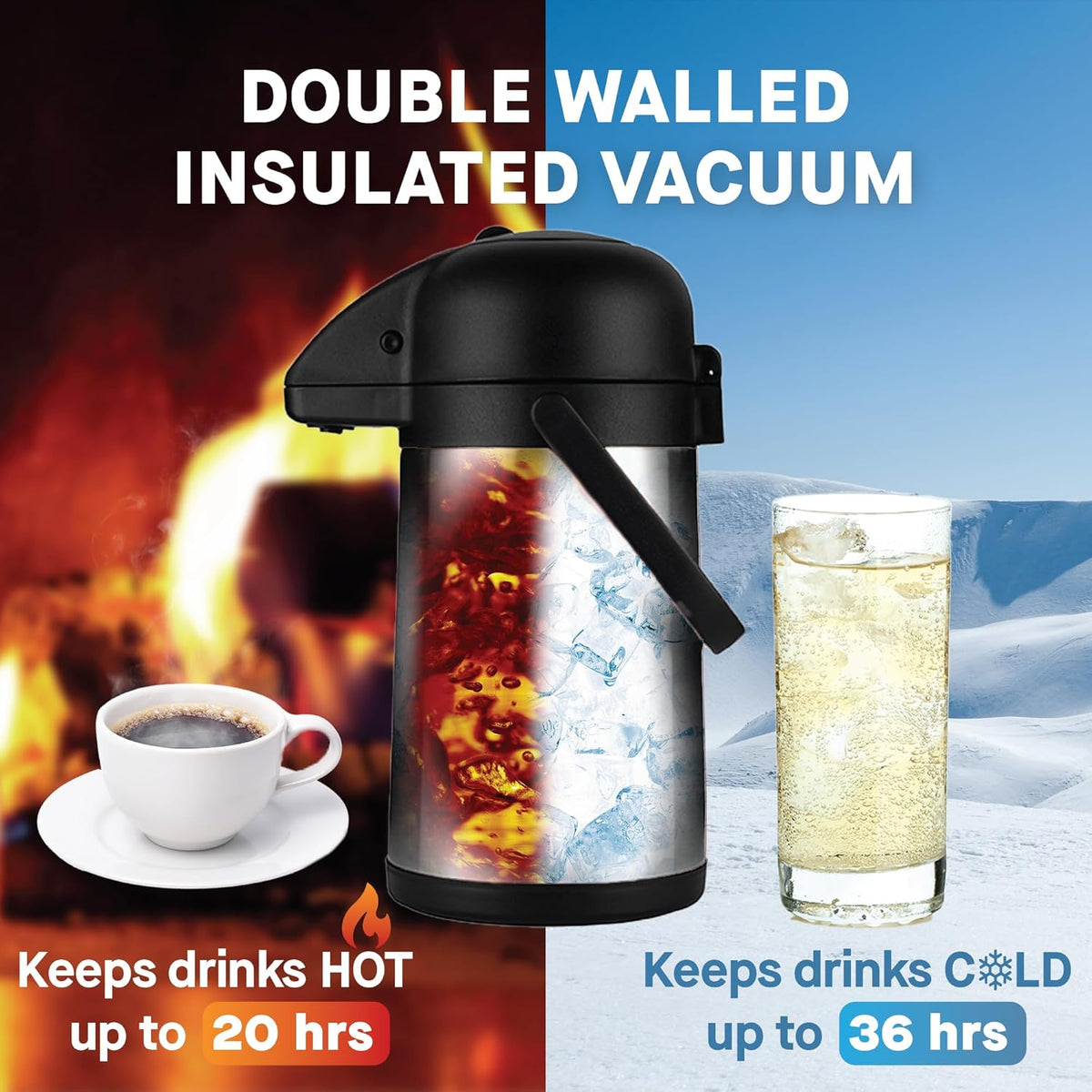 64 Oz Airpot Coffee Dispenser with Pump, 2Pcs Insulated Thermal Coffee Carafe - Stainless Steel Hot Beverage Dispenser - Coffee Urn for Hot/Cold Water, Drink Dispenser for Parties