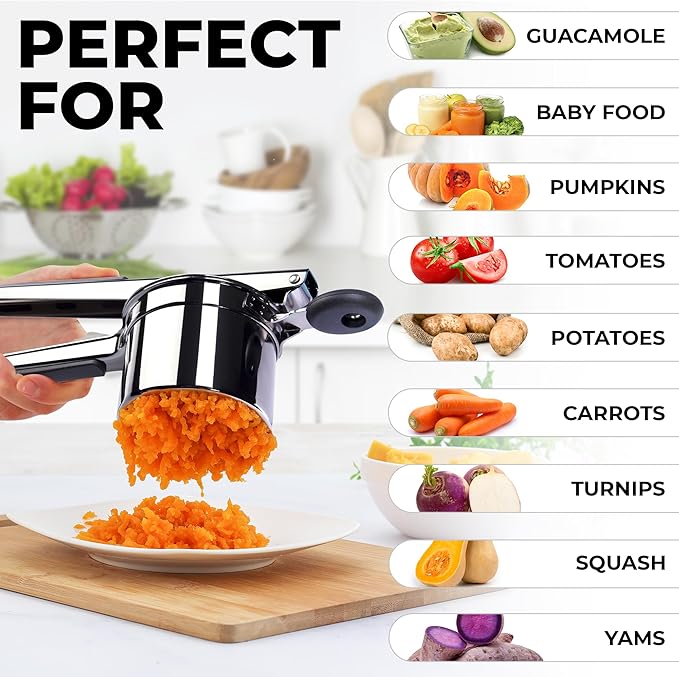 Zulay Kitchen Large 15oz Potato Ricer, Heavy Duty Stainless Steel Potato Masher and Ricer for Mashed Potatoes, Mashed Potato Masher & Potato Press Gadget for Perfect Mashed Potatoes - Metallic Black