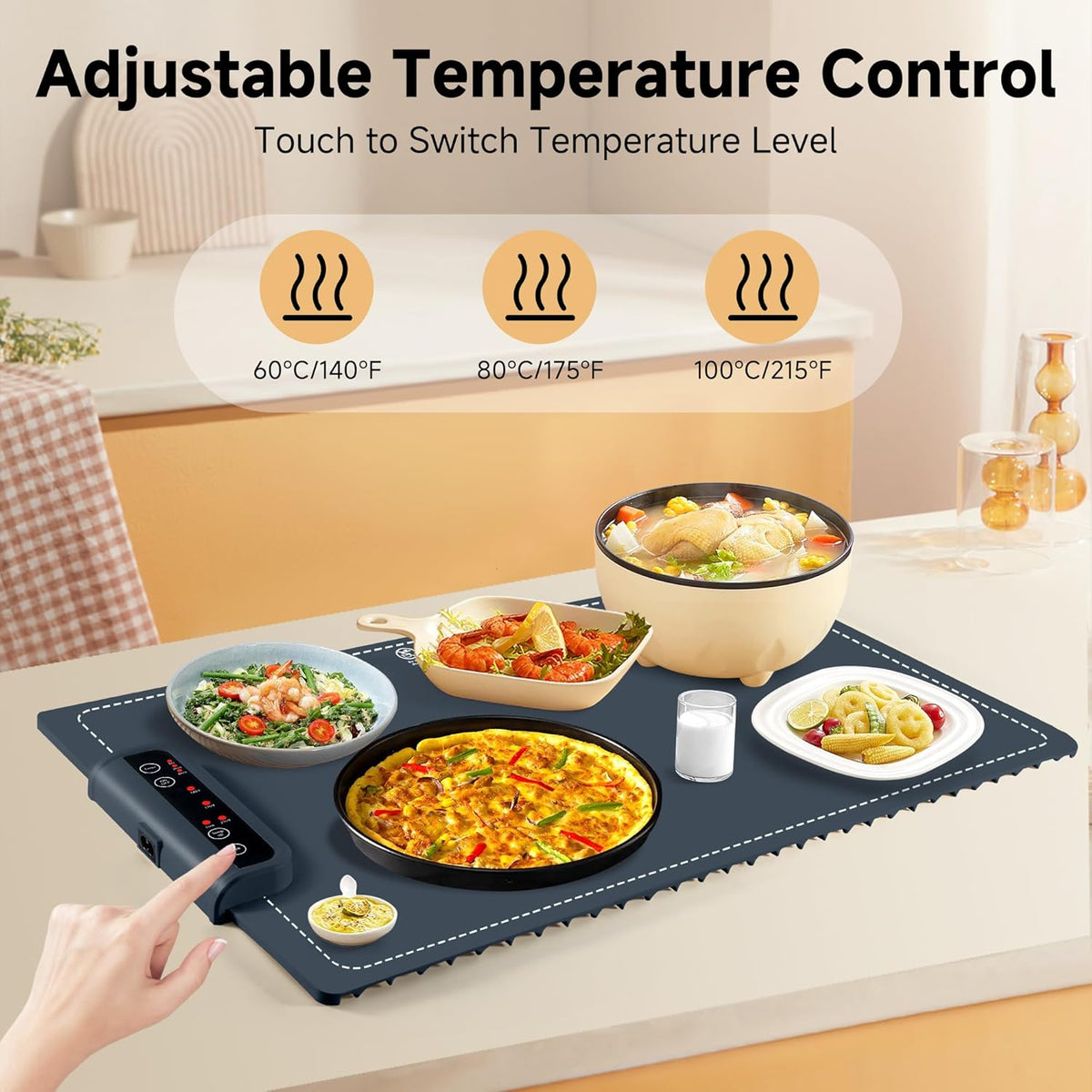 Food Warming Mat- Foldable Warming Mat for Food with Adjustable Temperature Control Time Moders Locking Function Electric Warming Tray for Parties,Home,Travel,Buffet Dark Blue
