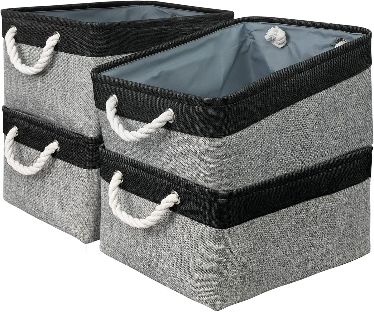 TcaFmac Storage Basket for Organizing - Large 4 Pack Canvas Decorative Storage Bins Baskets for Shelves with Ropes, Foldable Storage Cubes for Closet Cloth Toy Linen(Black & Grey 16x12x8 inch)