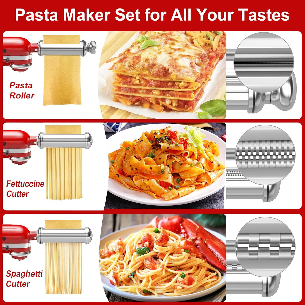 Pasta Maker Attachment for Kitchenaid Stand Mixer Included Pasta Sheet Roller, Spaghetti Cutter and Fettuccine Cutter, Pasta Maker Stainless Steel Accessories with 8-Speed Adjustable, 3 Piece