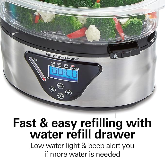 Hamilton Beach Digital Electric Food Steamer & Rice Cooker for Quick, Healthy Cooking with Stackable Three-Tier Bowls for Vegetables and Seafood, 8.25 Quart, Black & Stainless Steel