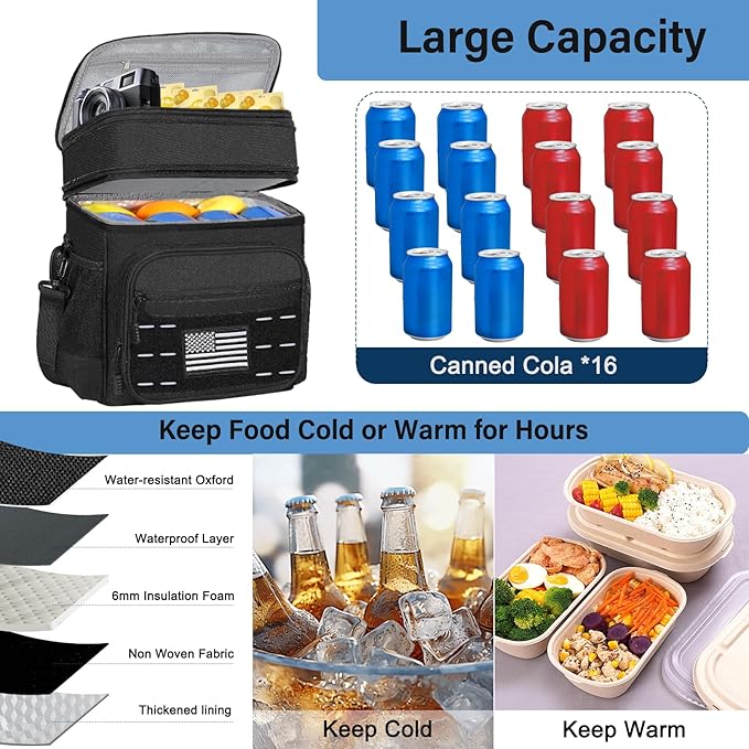 Lunch-Box-Cooler-Bag - Insulated Tactical Lunchbox for Men Women - Large Lunch Pail for Adults Work Outdoor Shifts Trips with American Flag