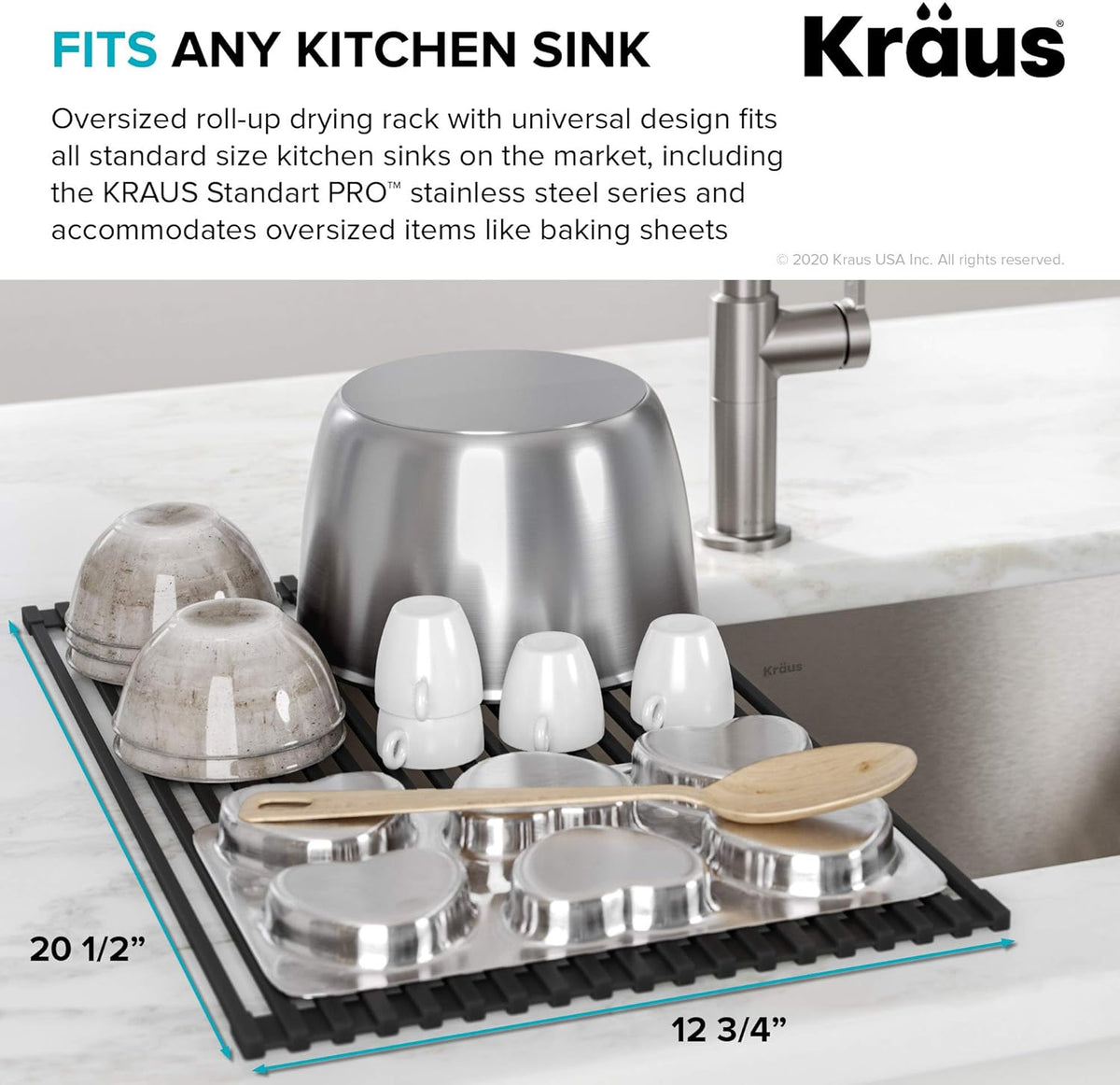 KRAUS Multipurpose Over-Sink Roll-Up Dish Drying Rack, Colander and Trivet in Aqua, KRM-10AQ