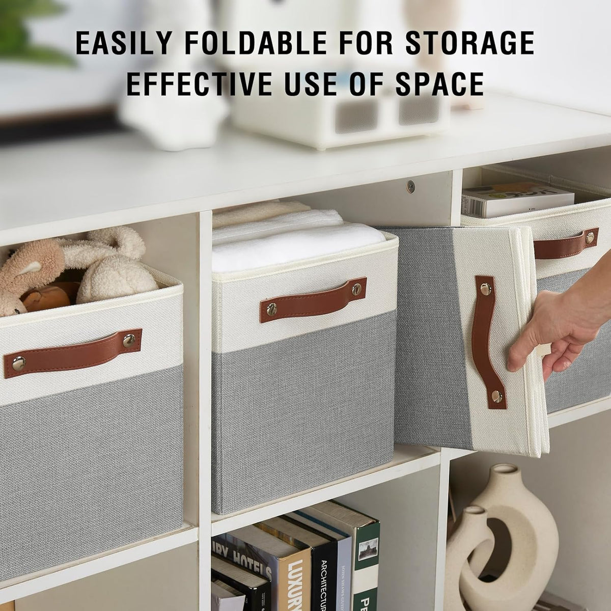 Collapsible Fabric Storage Cube Bins with 2 Reinforced PU Handles, Foldable Storage Organizer Baskets for Closet, Shelves, Living Room | 11"x11"x11", 4 Pack, Gray & White