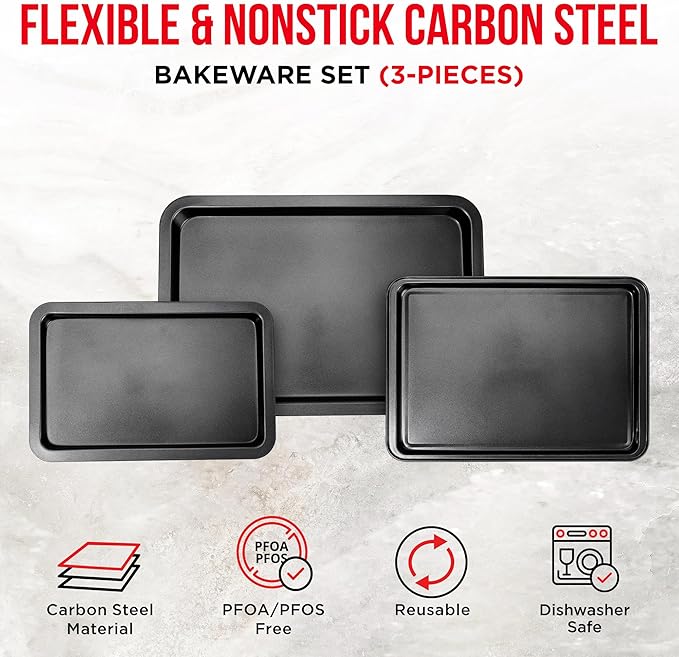 3 Piece Set Nonstick Carbon Steel Oven Bakeware -Professional Quality Kitchen Cooking Baking Trays -PFOA, PFOS, PTFE-Free Small, Medium & Large Baking Sheet Pans