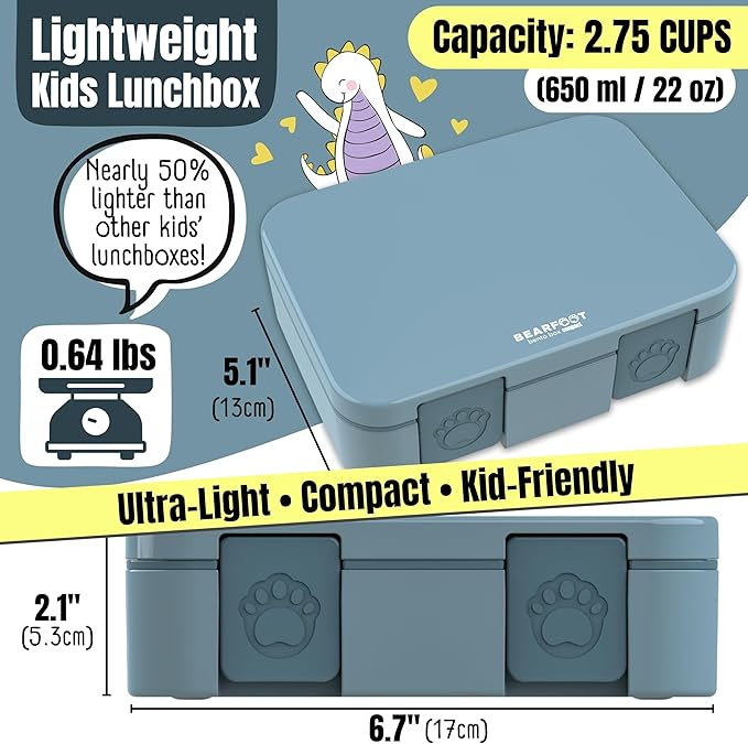 BEARFOOT Kids Lunch Box with Compartments – Compact & Lightweight | Leak-Proof, BPA-Free, Dishwasher & Microwave Safe | Hand-Drawn Design for Preschool, School, Travel (Blue, 2.75 Cups)