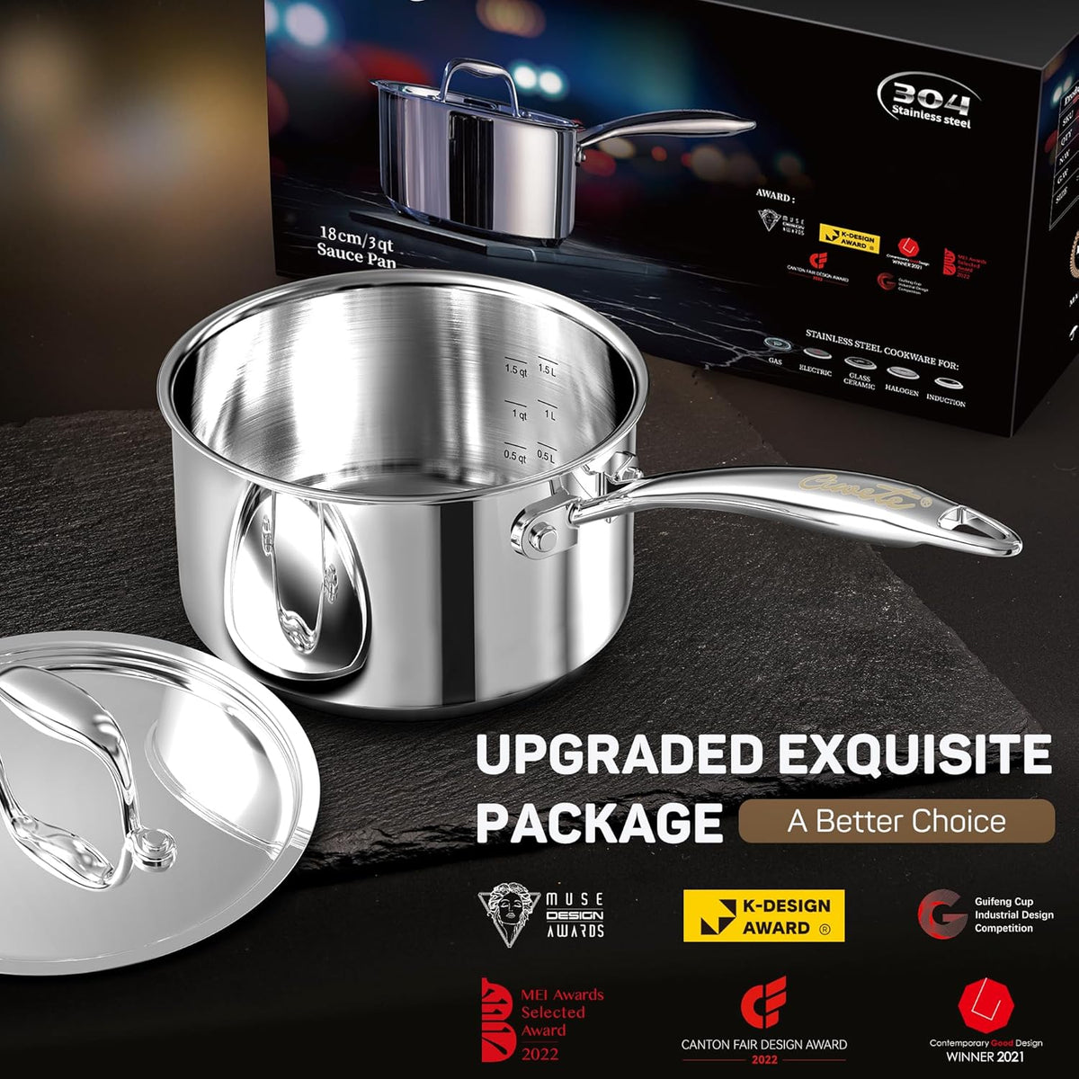 3 Qt Saucepan with Lid - Upgraded Package - 3 Quart 18/10 Stainless Steel Sauce Pan with Mirror Polishing and 2 Sacles, Induction Cookware, Small Pot for Cooking, Dishwasher Safe Oven Safe