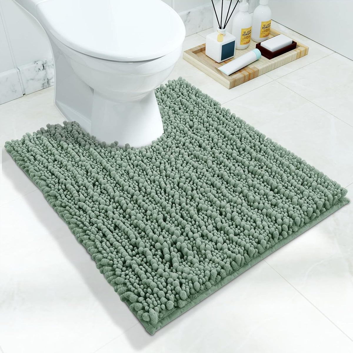 Yimobra Toilet Rug U Shaped Washable 24x20 Inch - Ultra Soft Absorbent Chenille Bath Rugs for Toilet, Quick Dry & Machine Washable, Non Slip Contour Bathroom Mat, Green