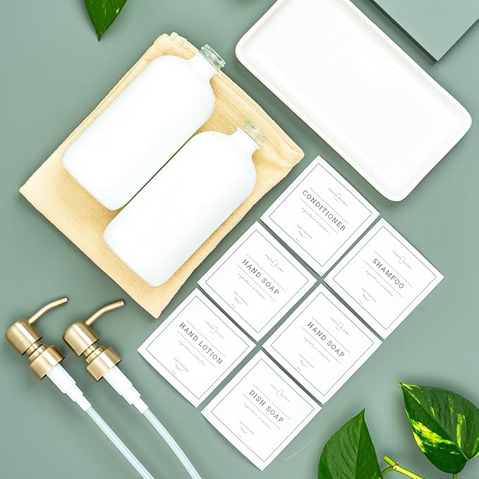 Vine Creations Glass Soap Dispenser, 2 Pack Kitchen Soap Dispenser Set with Ceramic Tray, Stainless Steel Pump, Dish Soap and Hand Soap Dispensers for Bathroom or Kitchen Decor with Waterproof Labels