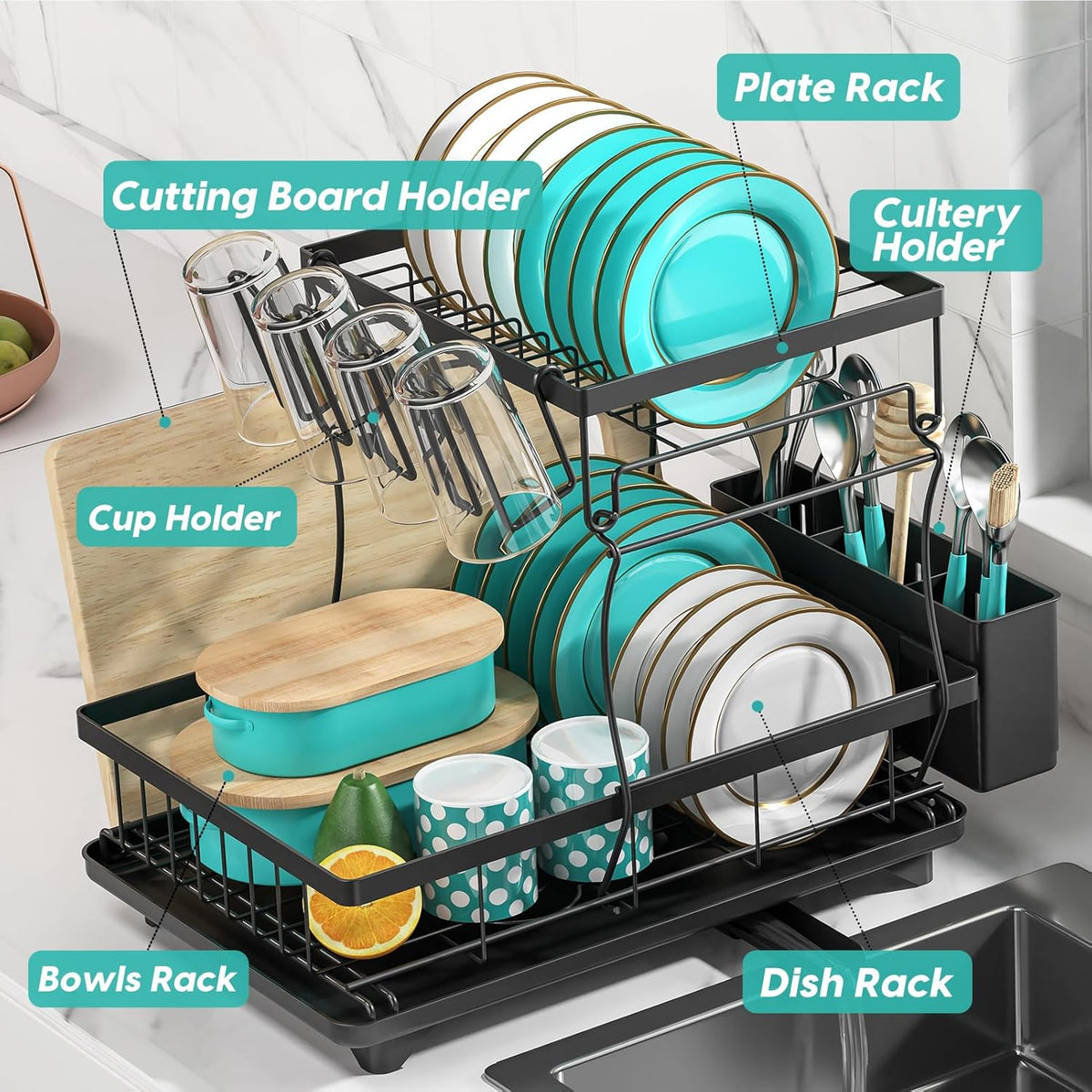 MERRYBOX Dish Drying Rack Large Capacity 2 Tier Dish Drying Rack Multifunctional Rustproof Dish Racks for Kitchen Counter with Large Utensil Holder, Cup Holder, Black