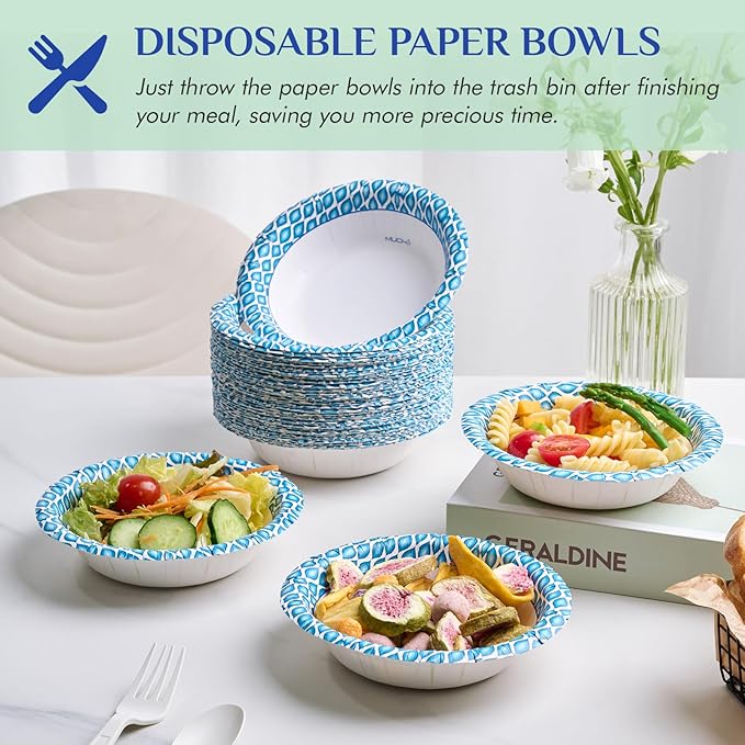 MUCHII 12 Oz Paper Bowls 200 Counts Disposable Bowls, Printed Soak Proof Small Bowls for Breakfast, Lunch, and Dinner Meals