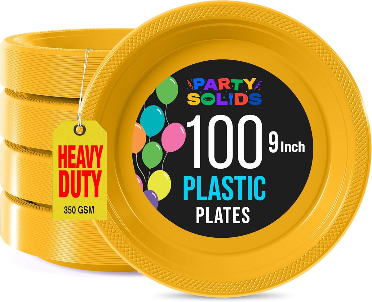 Exquisite Party Solids Yellow Plastic Plates For Party 9" Yellow Disposable Plates Heavy Duty Supplies 100 Pcs Plastic Dinnerware Sets Heavy Duty 350 GSM Disposable Dinnerware Set