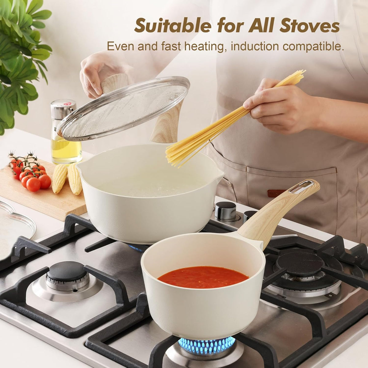 SENSARTE Ceramic Nonstick Sauce Pan with Lid, 3.0 Quart Saucepan with Double Spout, Large Cooking Pot, Non toxic Kitchen Sauce Pot, Non stick Saucier Pan, Induction Cookware, PFOA PTFE PFAS Free