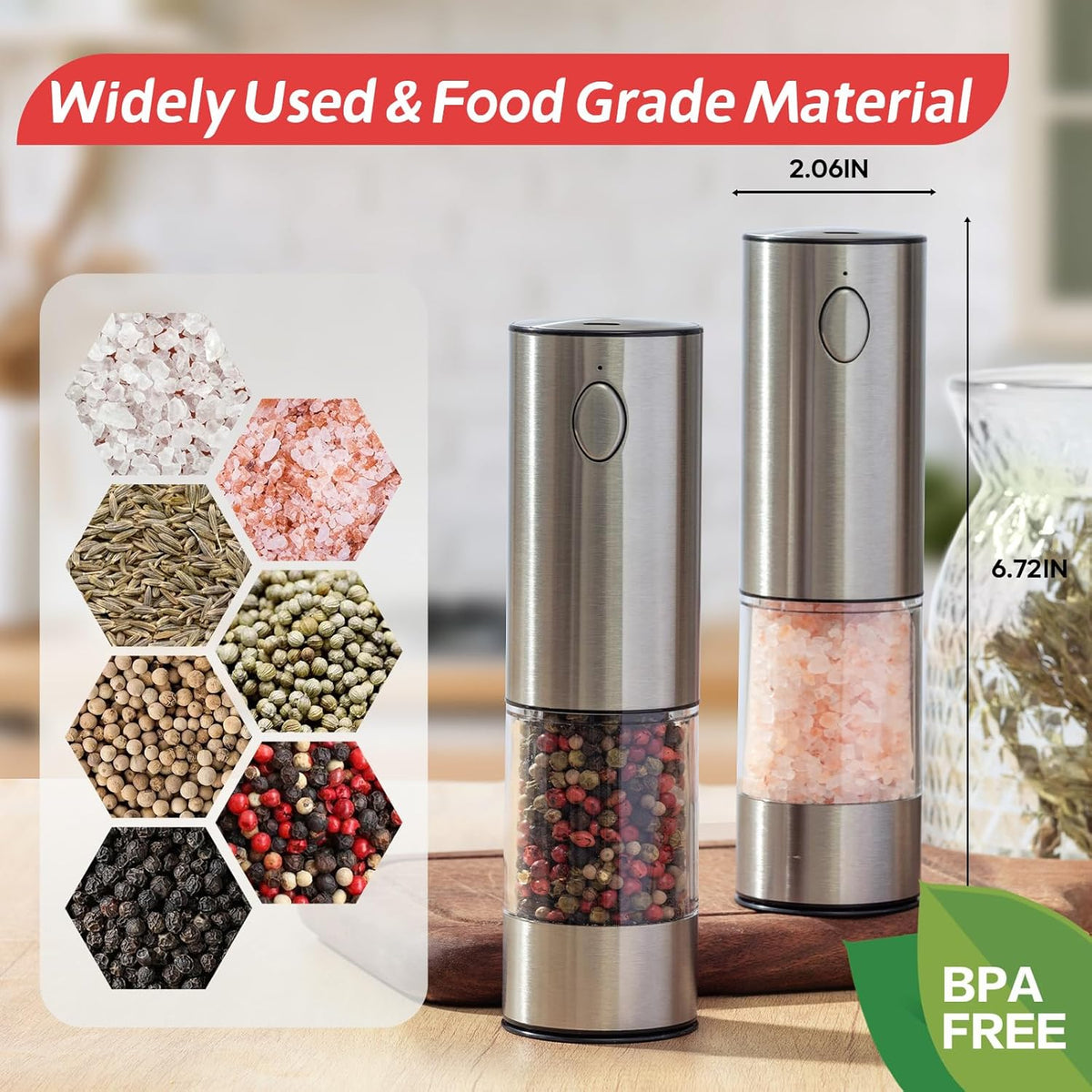 Electric Salt & Pepper Grinder Set (2 Pack) – USB Rechargeable, Adjustable Coarseness, One-Handed Operation with LED Light – Automatic Spice Mill Shaker for Kitchen, Dining, or Camping
