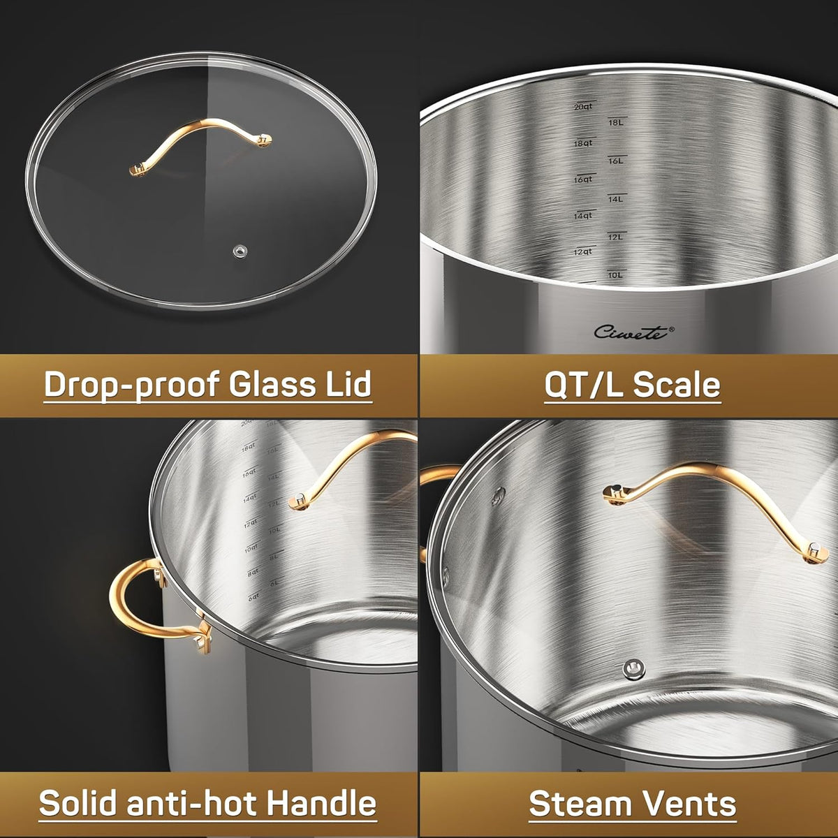Stock Pot 20 Quart, 3 Ply Stainless Steel Stock Pot with Lid, 20 Quart Soup Pot with Copper Handle, Healthy Stockpots, Induction, Oven, Gas and Dishwasher Safe