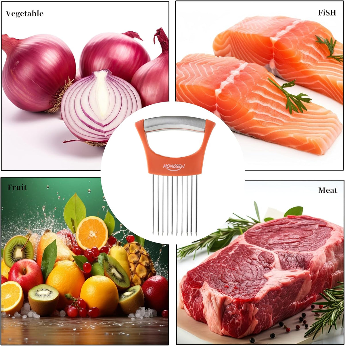 Onion Slicer Holder, MONGSEW Stainless Steel Onion Cutter for Slicing and Storage of Onions, Avocados, Eggs, Dishwasher Safe, Protective Cover Included (Stylish Orange)
