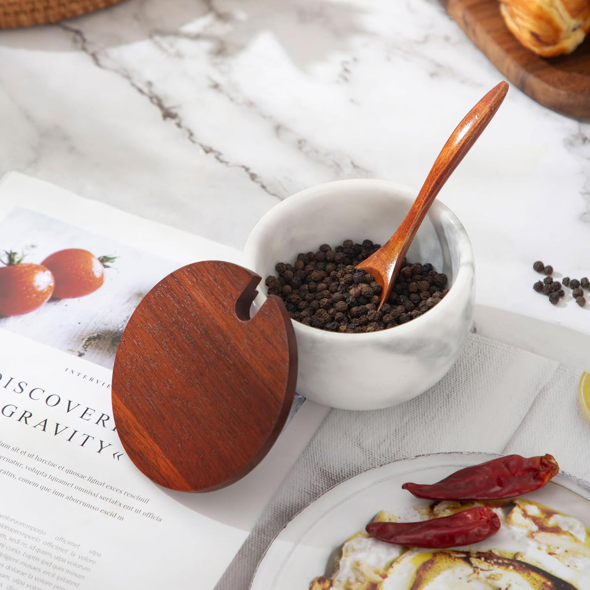 Marble Salt Cellar with Lid & Spoon, 11oz Salt and Pepper bowls, Handcrafted from Natural Marble, Smooth Inside (white bowl)