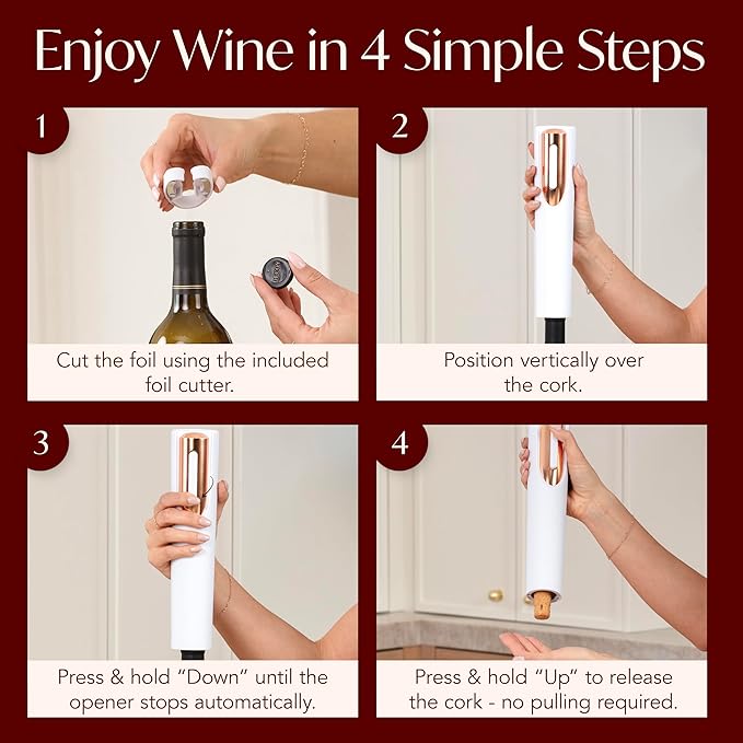 Rechargeable Electric Wine Bottle Opener - Charging Base and Foil Cutter Included with Automatic Wine Opener - Electric Corkscrew for Easy Cork Removal - Best Gift for Wine Lover (White & Rose Gold)