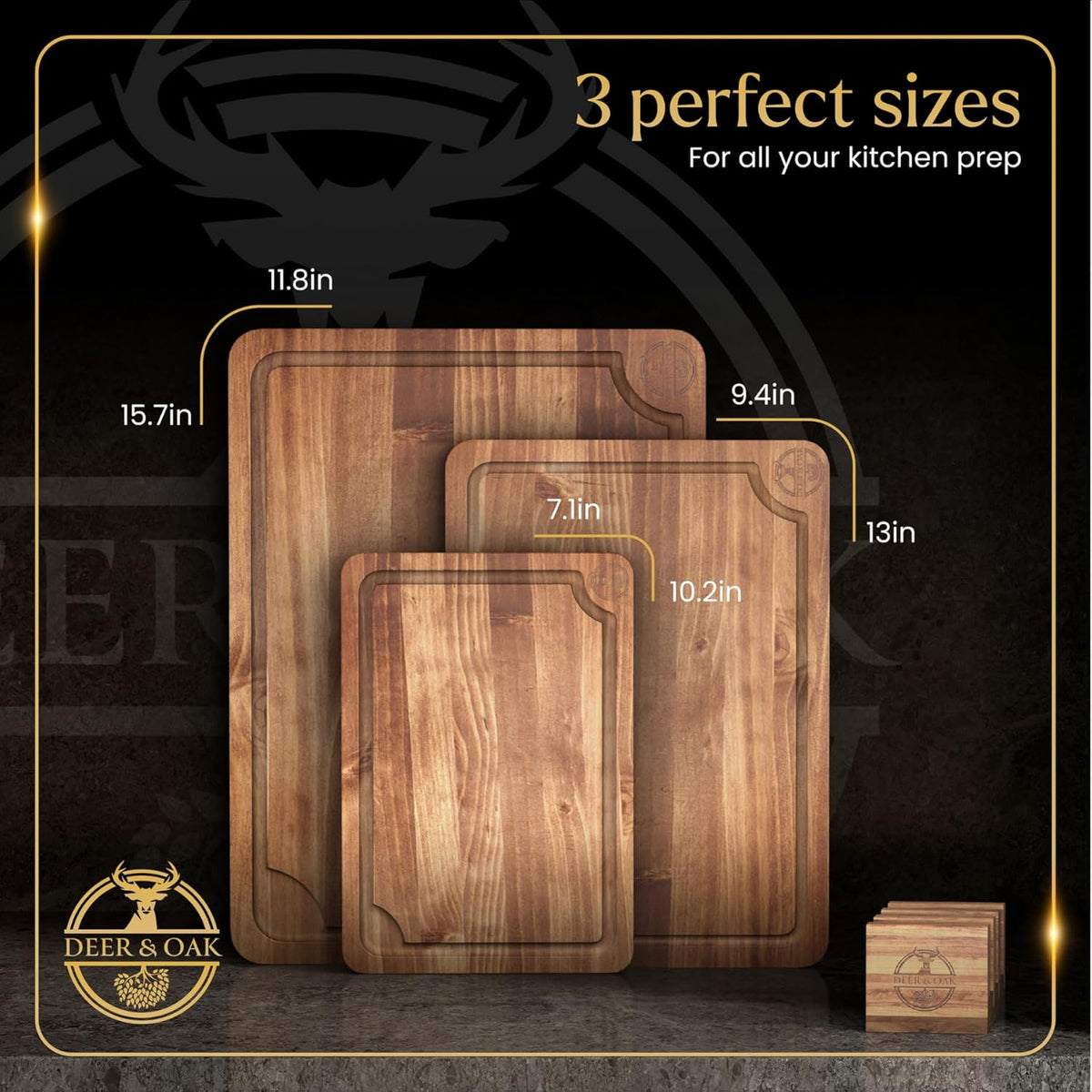 Pre-Oiled, Non Toxic 3-Piece Acacia Cutting Board Set with Stand, FSC Certified Wooden Chopping Boards with Juice Grooves for Meat. 3 Size Wood Carving Boards for Home & BBQ Kitchens by Deer & Oak