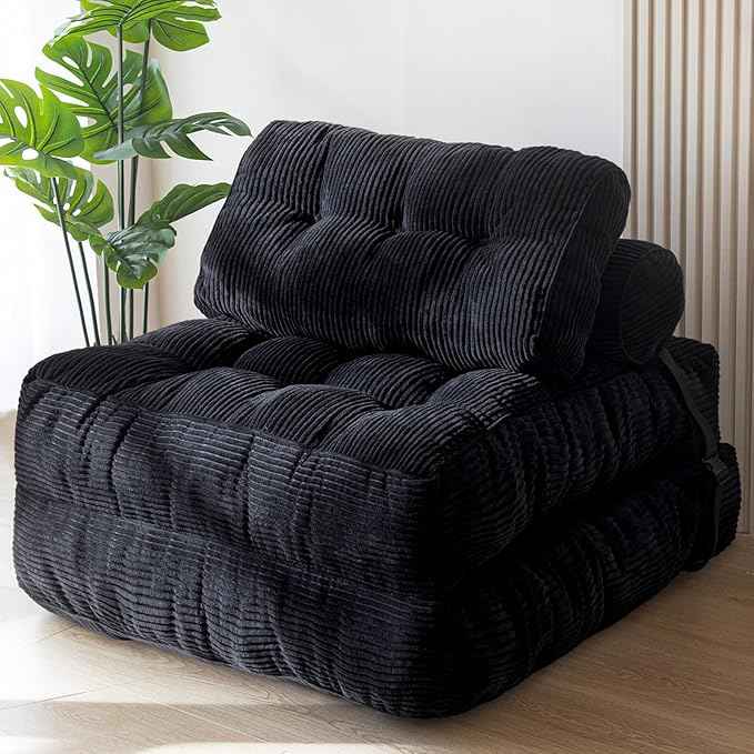 MAXYOYO Folding Sofa Bed, Convertible Sleeper Chair with Pillow Foldable Mattress with Back Support, Portable Fold Out Chair Bed Comfy Floor Sofa Lounge for Living Room Bedroom, Black, Single