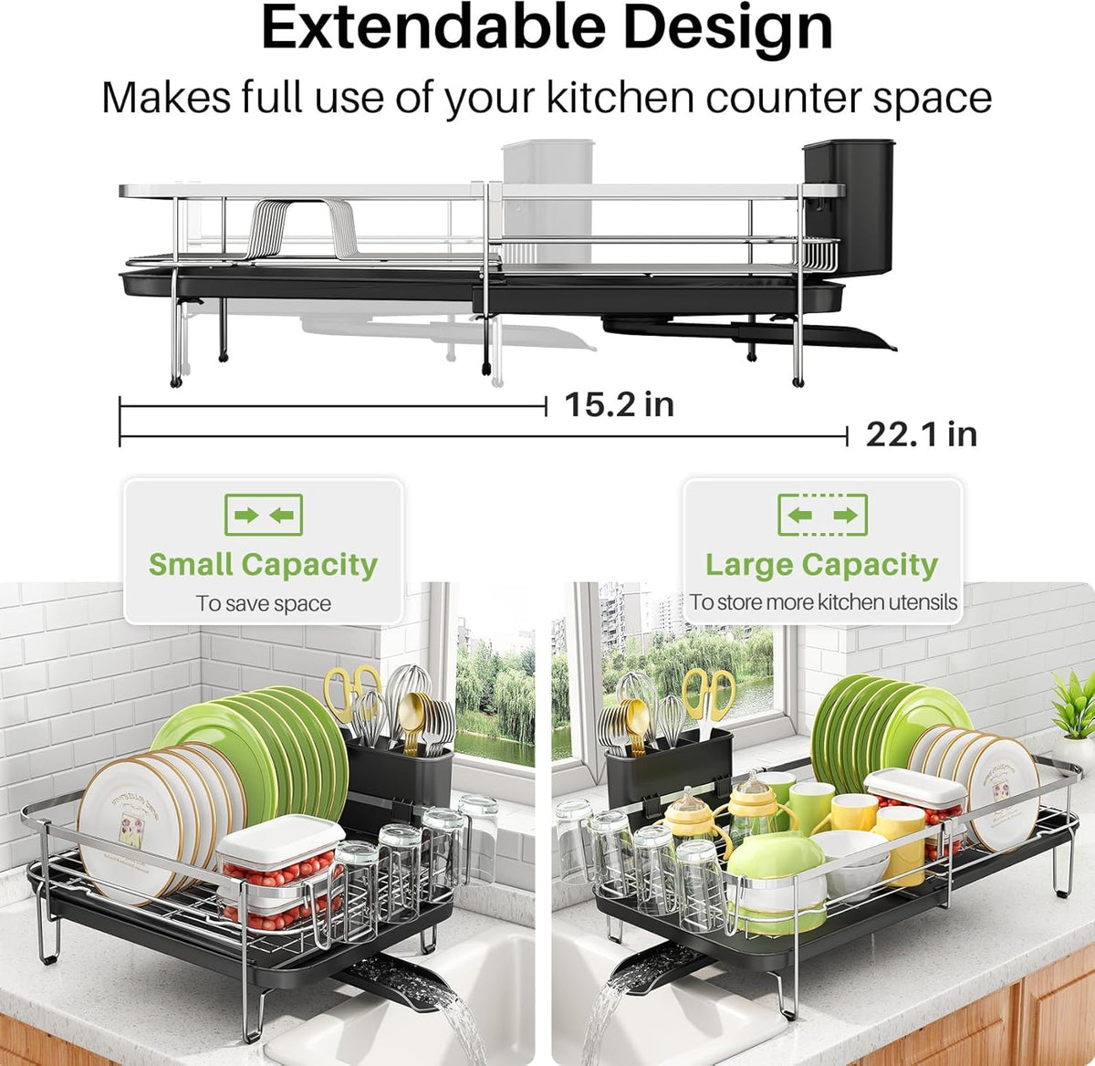 Dish Drying Rack, Expandable Dish Rack for Kitchen Counter, Stainless Steel Dish Drainer with Utensil & Cup Holder 13.8"-22.6" L x 12.1" W (Silver)