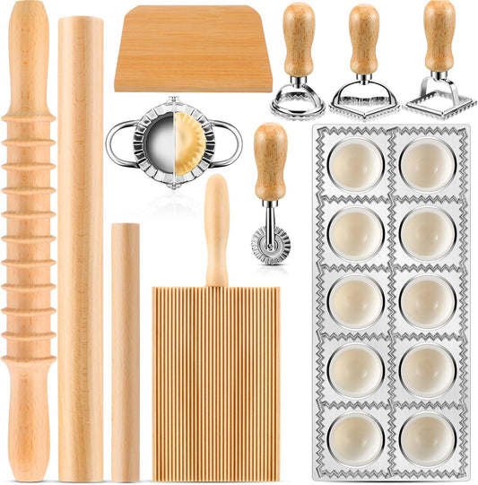 12 Piece Ravioli Mold Set with Press, Scraper, Cutter, Pierogi Maker, Rolling Pin, Gnocchi Board, Wooden Roller, and 4 Ravioli Stamp Maker Cutters for Making Pasta, Dumplings, and Pierogi