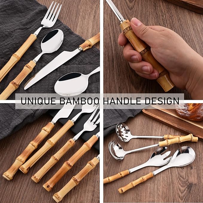 40PCS Silverware Set for 10, Bamboo Handle Flatware Set, Stainless Steel Cutlery Set for Home Restaurant and Party, Bamboo Forks Spoons and Knives Set, Polished Tableware