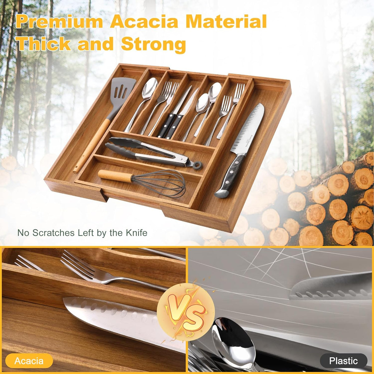 Large Premium Acacia Silverware Organizer - Expandable Drawer Organizer & Utensil Organizer - 17"x19.7" Cutlery Tray with Dividers for Kitchen Utensils and Flatware (7-9 Slots) Acacia