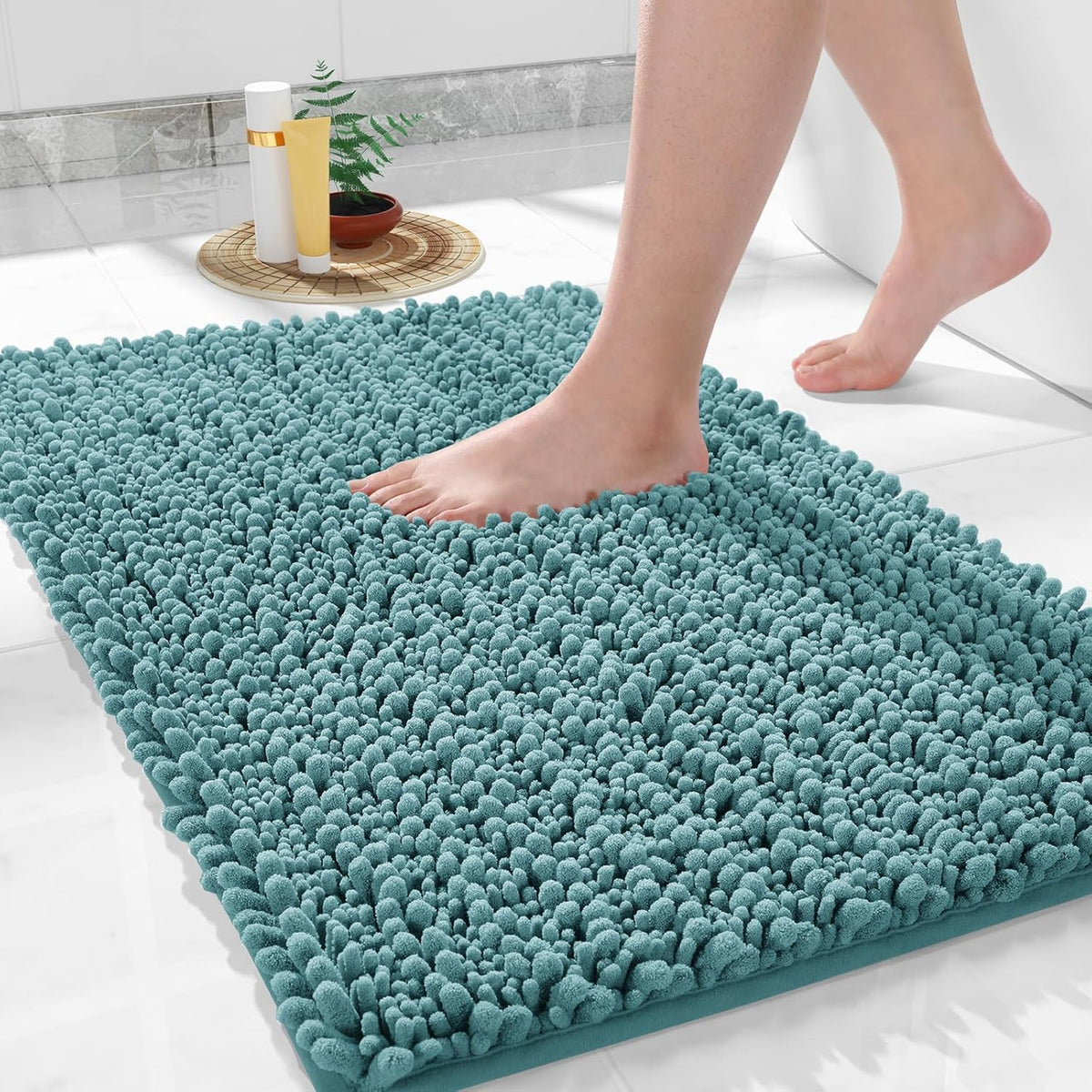 Yimobra Bathroom Rugs Non Slip Washable 24x17 Inch - Ultra Soft Absorbent Chenille Bath Mat, Quick Dry Shaggy Floor Carpet for Tub Shower, Teal Blue Home Decor Accessories