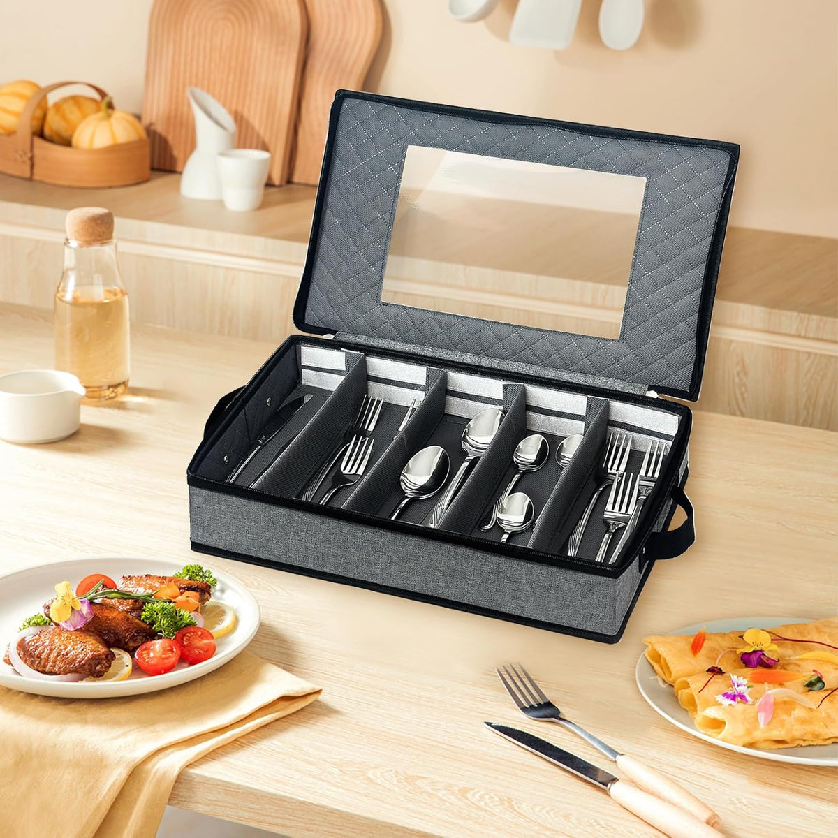 VERONLY Flatware Storage Case, Silverware Storage Box Chest with Dividers, 5 Compartment Cutlery Holder, Light Gray