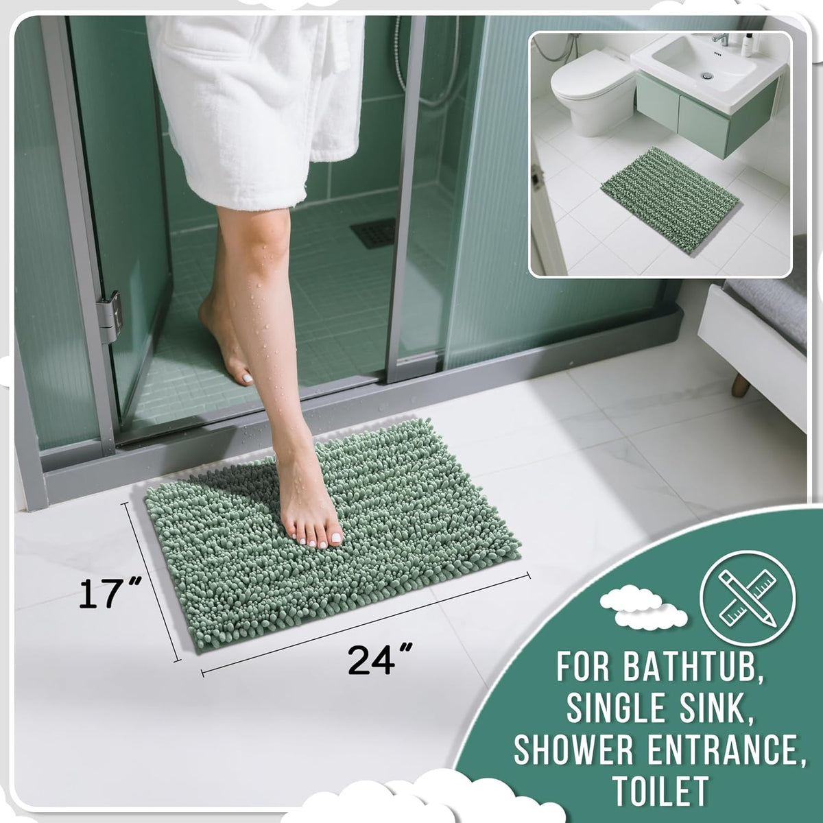 Yimobra Bathroom Rugs Non Slip Washable 24x17 Inch - Ultra Soft Absorbent Chenille Bath Mat, Quick Dry Shaggy Floor Carpet for Tub Shower, Green Home Decor Accessories