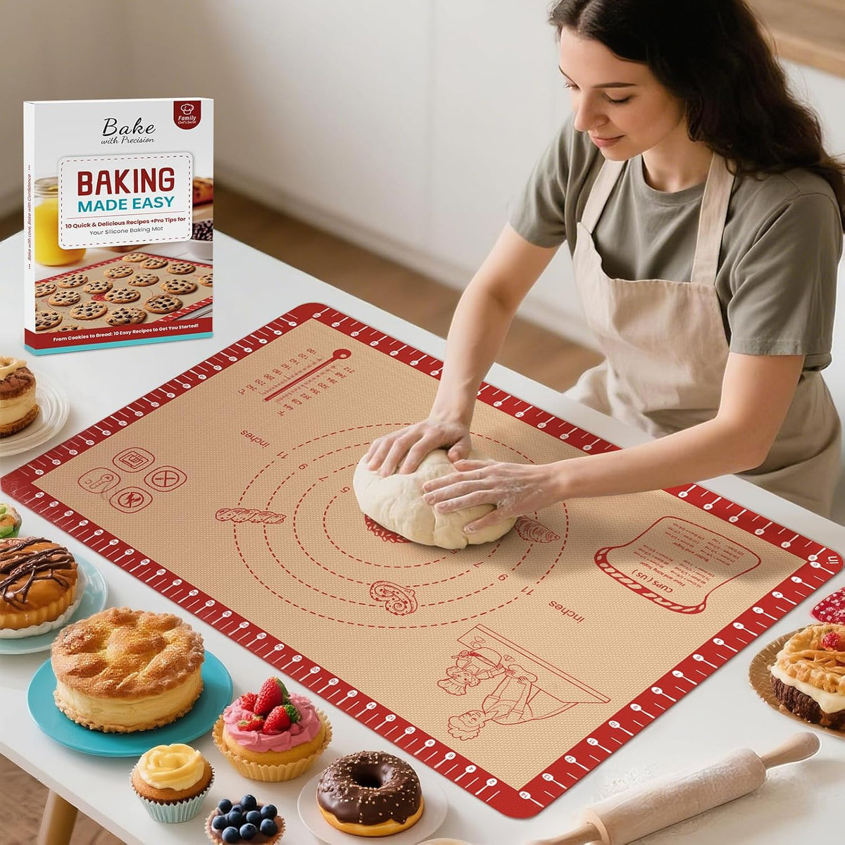 Silicone Macaron Baking Mat with 10 Easy Recipes, Extra Thick Silicone Mats for Baking, Non Stick Pastry Mat for Dough Rolling, Heat Resistant Silicone Bread Cookie Pizza Oven Mat with Measurement