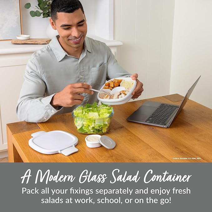Bentgo Glass All-in-One Salad Container - Large 61-oz Salad Bowl with Lid, 4-Compartment Bento-Style Tray, 3-oz Sauce Container, and Reusable Fork - Dishwasher, Microwave, and Oven Safe (White)