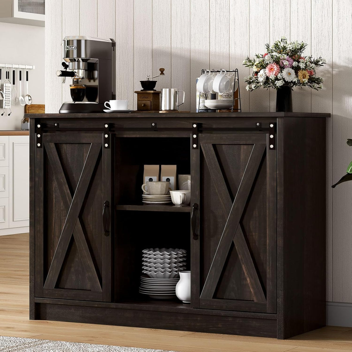 4 EVER WINNER Coffee Bar Cabinet with Sliding Barn Doors, 42” Sideboard Buffet Cabinet with Storage, Farmhouse Coffee Bar Station Table Liquor Wine Bar with Shelves for Kitchen, Espresso
