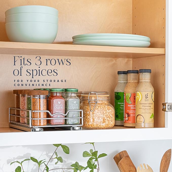 Pull Out Cabinet Organizer for Spices, Cans - Heavy Duty with Lifetime Limited Warranty- Pull Out Spice Rack- Cabinet Pull Out Shelf for Cans,Dishes, Etc, 6-1/2 "W x 10-1/2"D x 2-3/4”H, Chrome