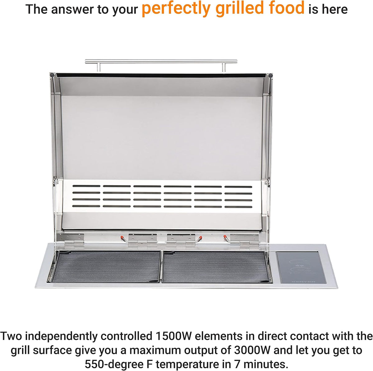 Kenyon Texan Built-In Electric Grill with Faceted Single Piece Lid and Standard Lite Touch Control, Stainless Steel Body, UL-Approved for Use Indoors and Outdoors, No-Flame Grill, 240 Volts