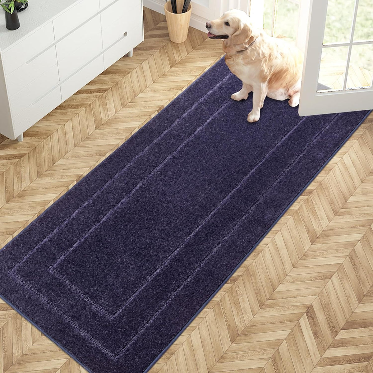 PURRUGS Dirt Trapping Door Mat 32" x 70", Non-Slip/Skid Machine Washable Entryway Rug, Dog Doormat, Super Absorbent Welcome Mat for Muddy Wet Shoes and Paws, Navy Blue