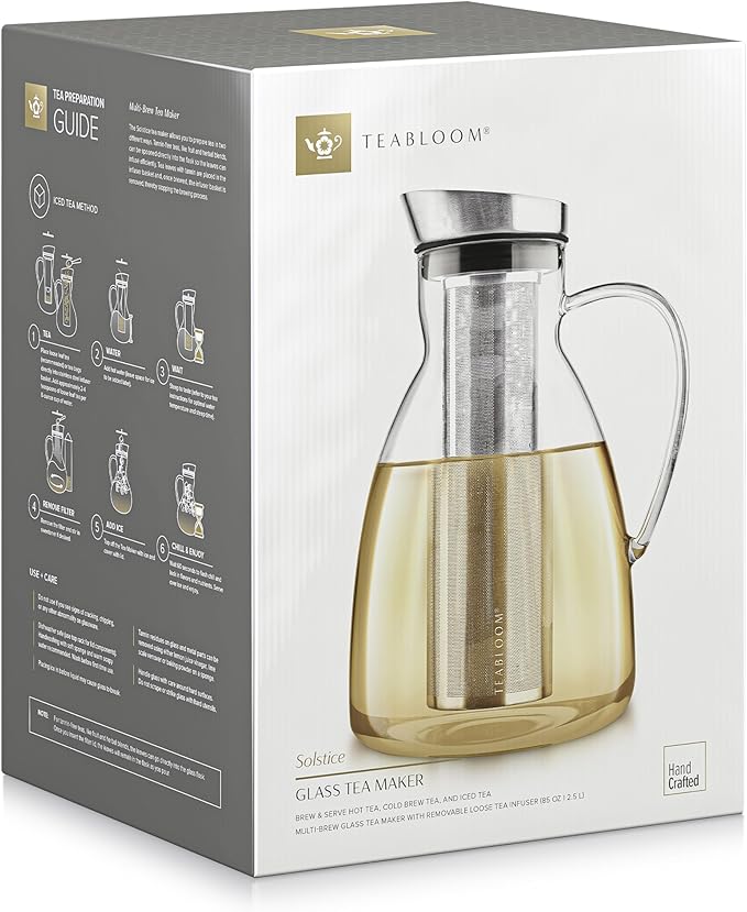 Teabloom Extra-Large Multi-Brew Borosilicate Glass Teapot + Kettle + Pitcher (85 OZ / 2.5 L / 10 CUPS) – Brew and Serve Hot Tea, Iced Tea, Cold Brew Tea and Fruit Infused Water – Solstice Tea Maker