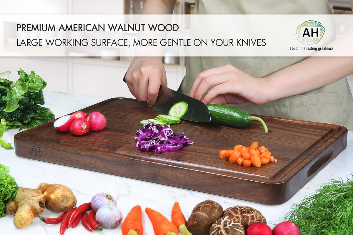 AZRHOM Large Walnut Wooden Cutting Board for Kitchen-17x11 Inch Wood Cutting Board with Juice Groove, Non-Slip Mats & Built-in Handles (Gift Box Included)