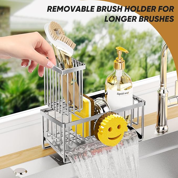 Sponge Holder for Kitchen Sink,Smiley Face Sink Caddy with Removable Brush Holder,Self-Draining Sponge Caddy for Soap,Dish Brush,Scrubber,Kitchen Essentials and Gadgets-Silver