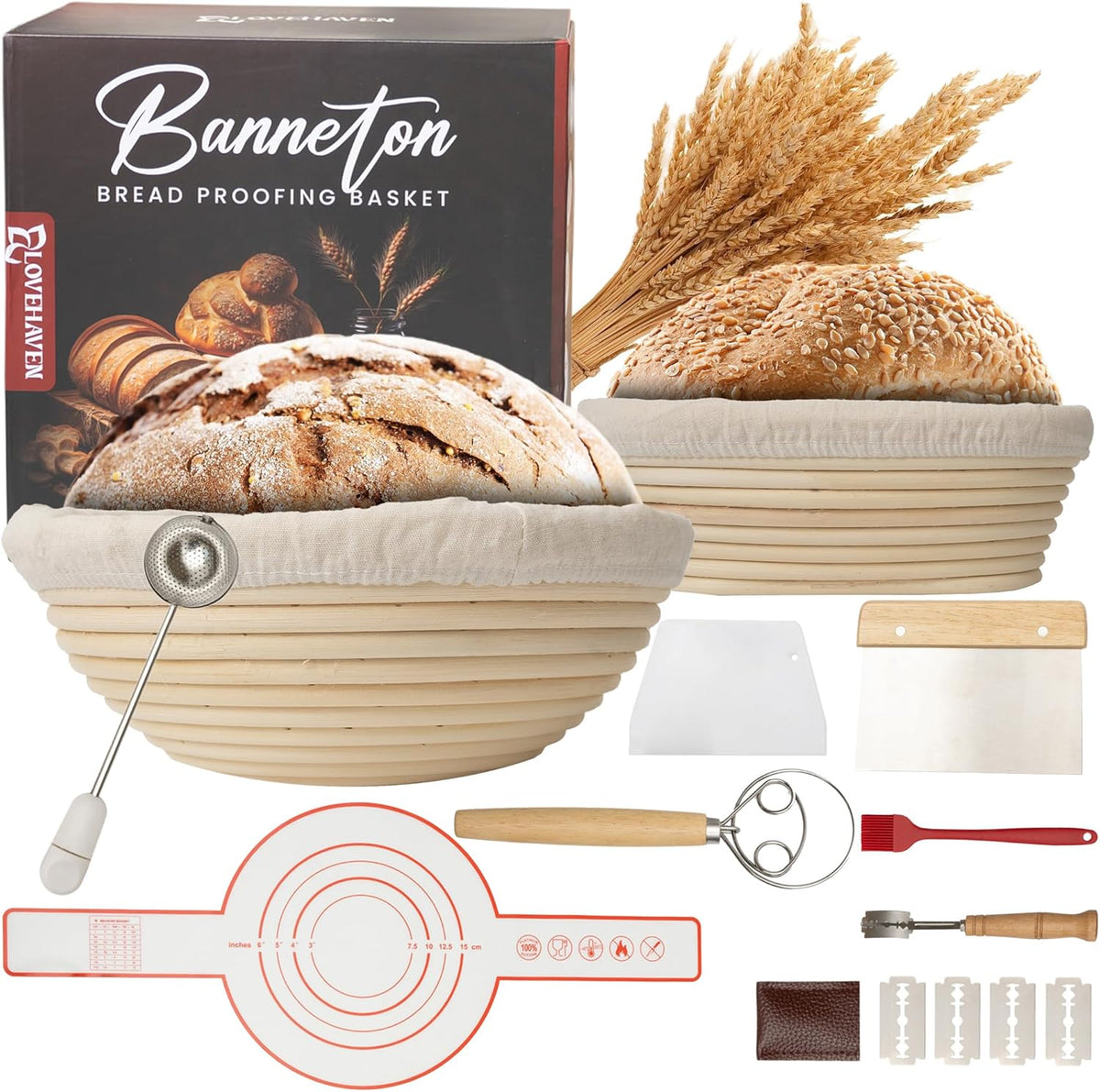 Banneton Bread Proofing Basket Set - Sourdough Starter Kit with Bread Making Tools Like 9" & 10" Baskets, Whisk, Brush, Scraper, Lame, Blades, Liners & More - Premium Sourdough Bread Baking Supplies