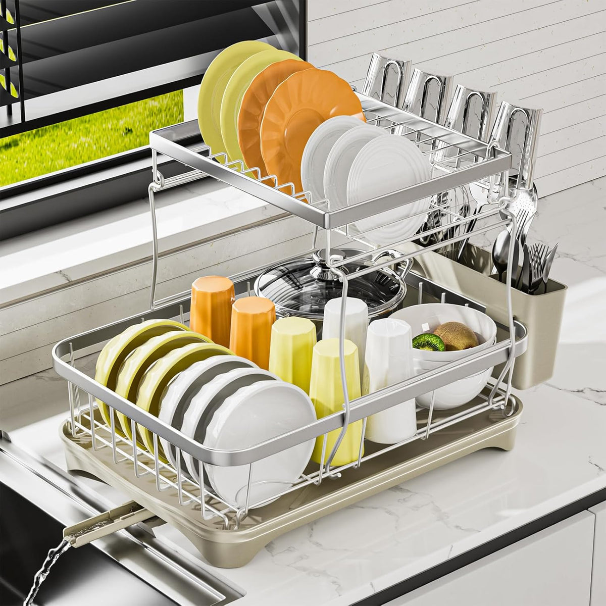 Dish Drying Rack Kitchen 2-Tier 304 Stainless Steel Dish Racks for Kitchen Counter,Dish Strainer with Adjustable Draining Tray,Drying Rack with Water Cup Hook & Cutlery Holder,Grey