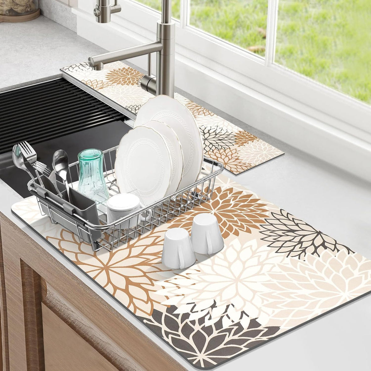 Findosom 2PCS 12" x 20" Dish Drying Mat & 24" x 5.5" Sink Splash Guard, Super Absorbent & Cuttable Dish Mat Drying Kitchen Mat with Brown Floral, Hide Stain Drying Mat for Kitchen Counter