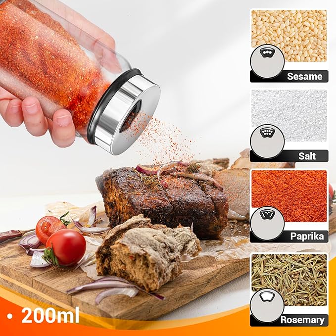 Segarty Glass Spice Jars with Shaker Lid, 6 Pack 6 oz Empty Spice Jar with Labels, Seasoning Containers Spices Bottles Set with 136 Stickers, 1 Chalk Pen, 1 Brush, Salt Pepper Shakers for Kitchen