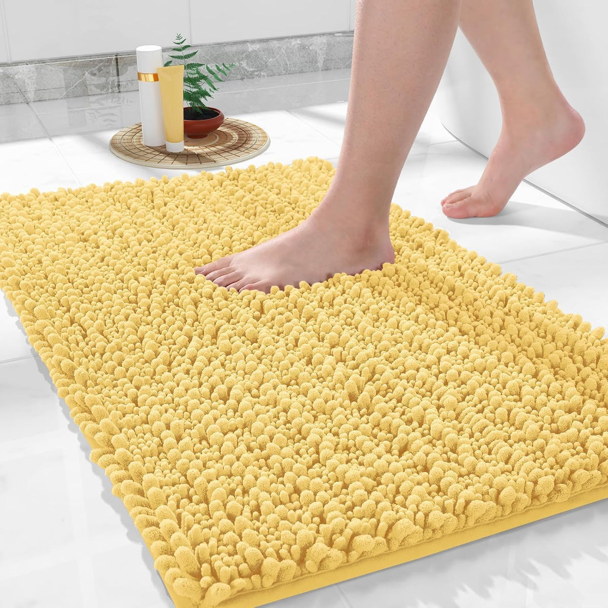 Yimobra Bathroom Rugs Non Slip Washable 24x17 Inch - Ultra Soft Absorbent Chenille Bath Mat, Quick Dry Shaggy Floor Carpet for Tub Shower, Yellow Home Decor Accessories