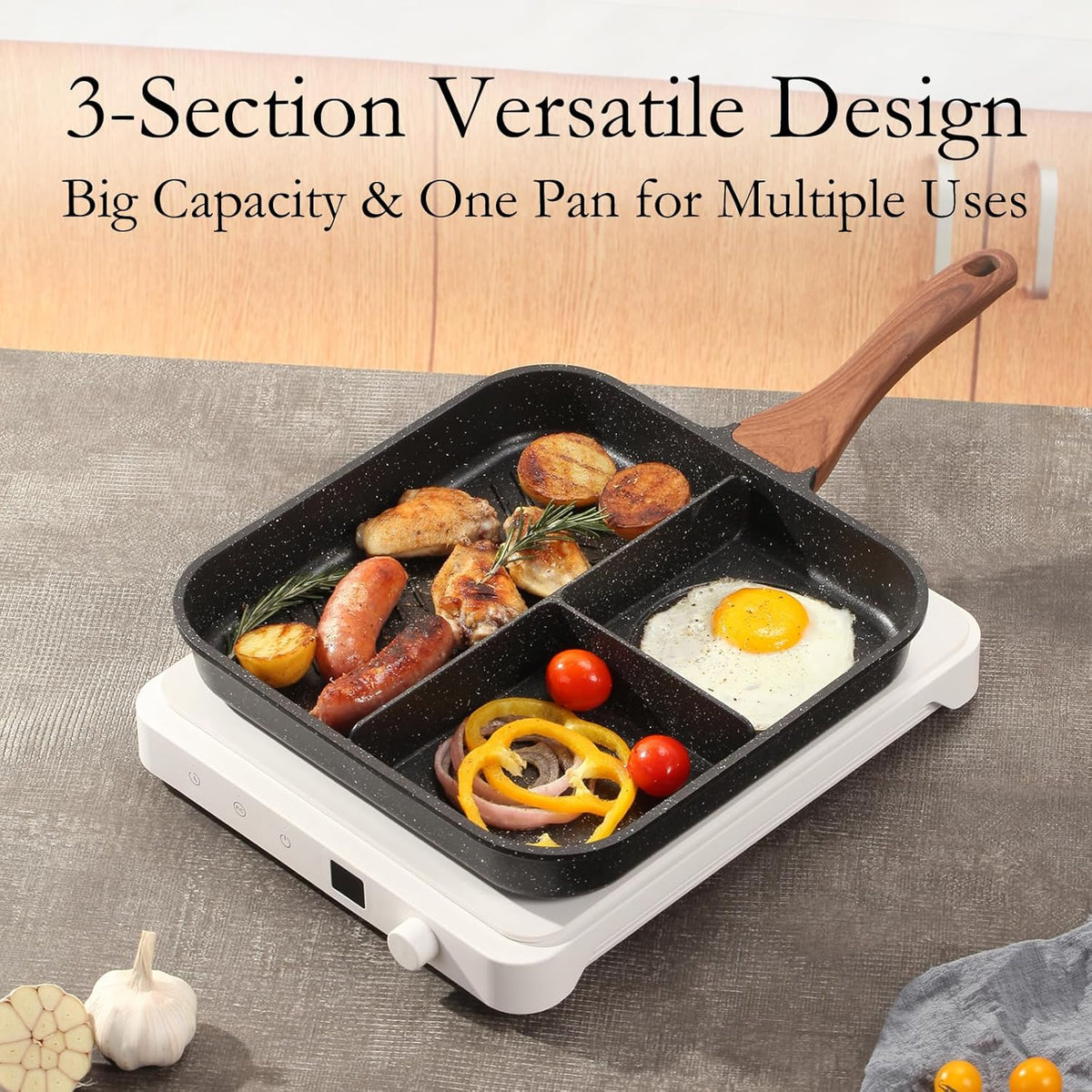 ESLITE LIFE 11 Inch Nonstick Divided Grill Pan for Indoor Cooking, Versatile 3-In-1 Induction Large Breakfast Pan for Stove Tops, PTFE & PFOA Free, Black