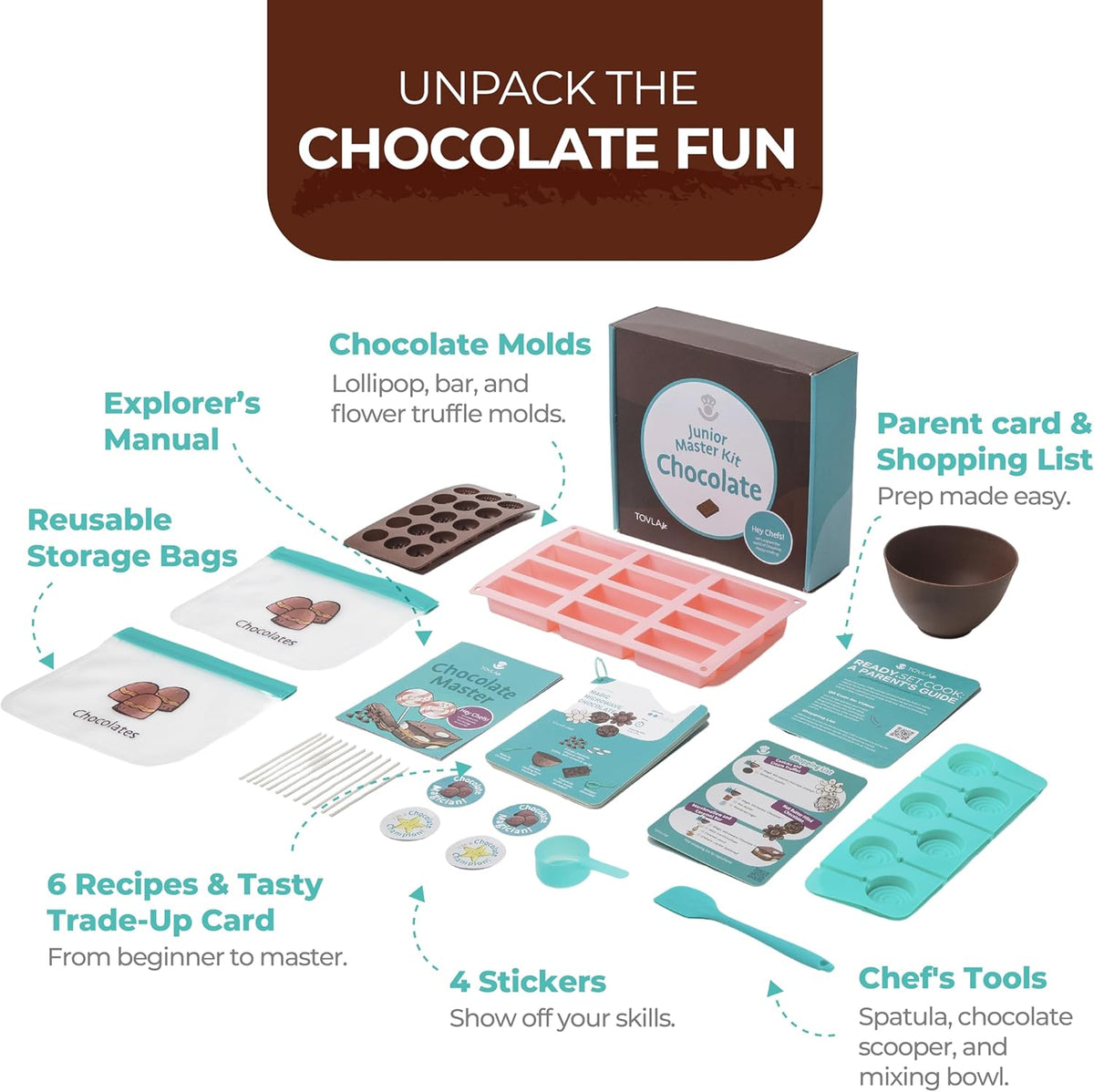 Tovla Jr. Real Chocolate Making Kit for Kids | Learn to Cook with Real Tools | Educational STEM Gift Set Ages 4+ | DIY Chocolate Activity with Visual Recipes for Boys & Girls