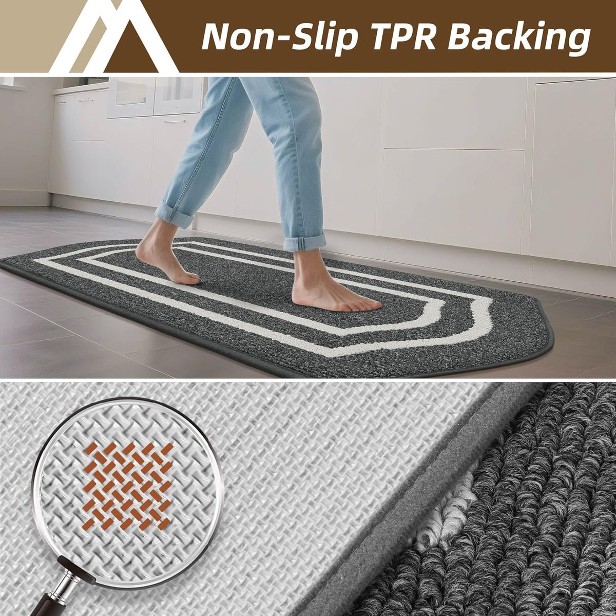 COSY HOMEER Long Kitchen Floor Mats for in Front of Sink Super Absorbent Kitchen Rugs and Mats 24"x48"+24"x59"Non-Skid Kitchen Mat Standing Mat Washable,Polypropylene,Dark Grey,Frame