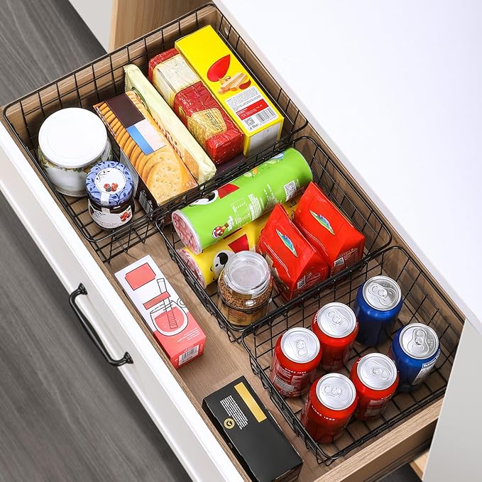8 Set, Extra Large Wire Baskets for Organizing with Lables, Cabinet Pantry Organization and Storage Bins - Metal Basket for Kitchen, Laundry, Garage, Fridge, Bathroom Countertop Organizer, Black